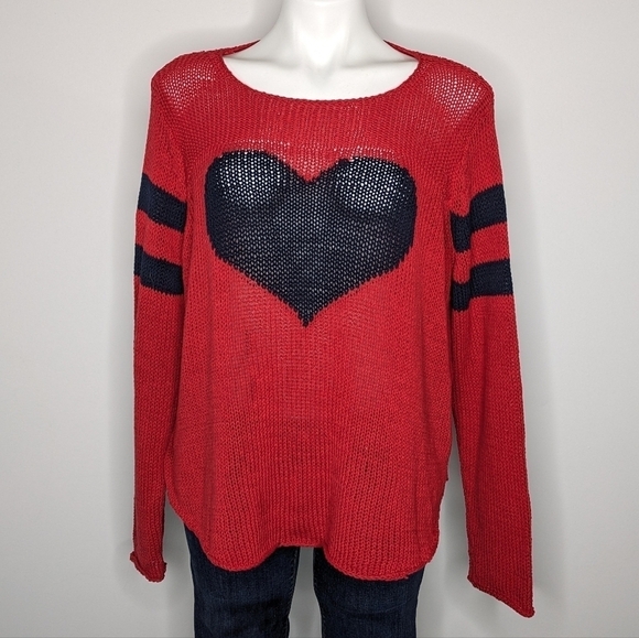 Wooden Ships red blue loose knit heart sweater M/L - Picture 1 of 8